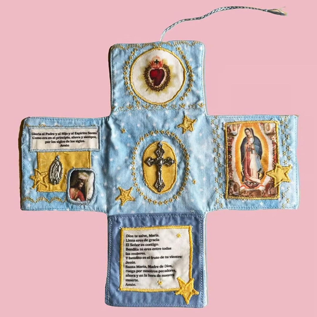 Christianartworkshop Handmade Embroidered Fabric Cross with Charms: A Rare Fusion of Craftsmanship and Faith - Blue - image 8