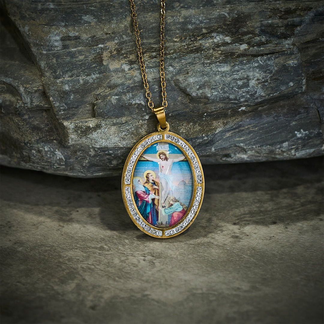 FREE Today: Vintage Style Oval Crucifix Scene Pendant Necklace with Sparkling Frame - Stainless Steel - image 0