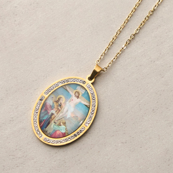 FREE Today: Vintage Style Oval Crucifix Scene Pendant Necklace with Sparkling Frame - image 2