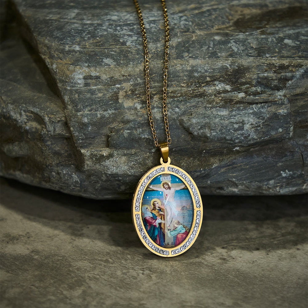FREE Today: Vintage Style Oval Crucifix Scene Pendant Necklace with Sparkling Frame - image 1