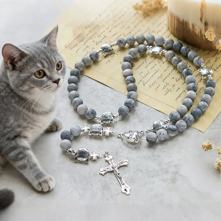 Christianartworkshop Light Grey Tabby Cat Prayer Rosary: Prayerful Care for Stray Cats Animal Rosary - Tabby Cat Rosary - image 0