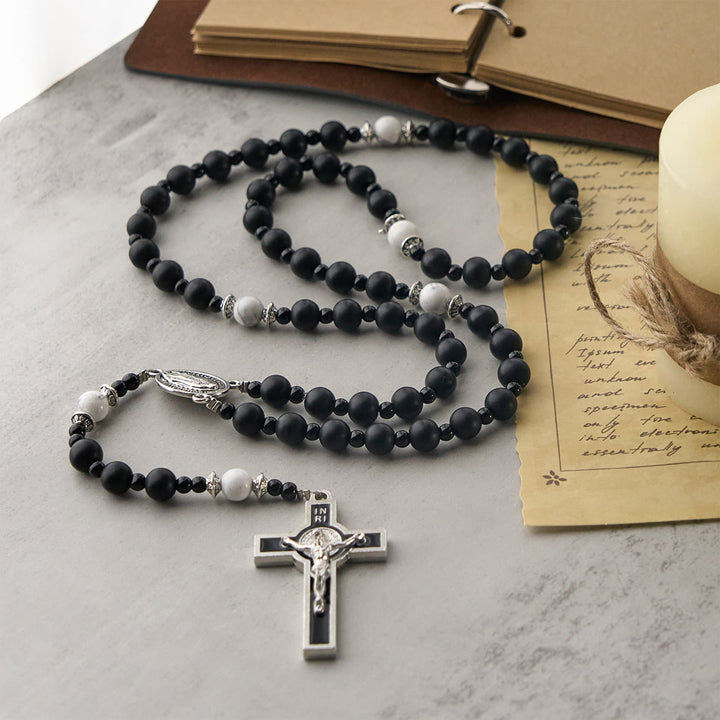 Christianartworkshop Handcrafted Matte Black Beads Rosary with Silver Crucifix & Miraculous Medal - image 2