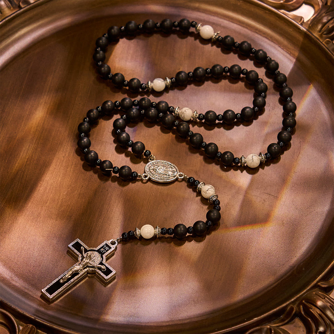 Christianartworkshop Handcrafted Matte Black Beads Rosary with Silver Crucifix & Miraculous Medal - image 4