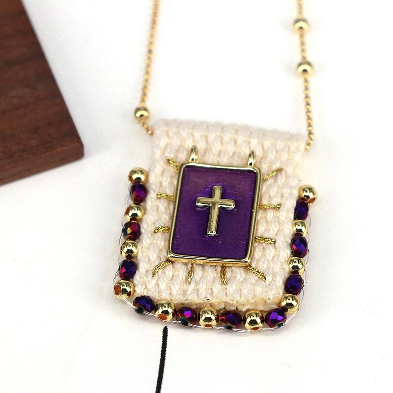 Christianartworkshop Hand - Stitched Linen & Copper Accent Religious Pendant Necklace - B - image 1