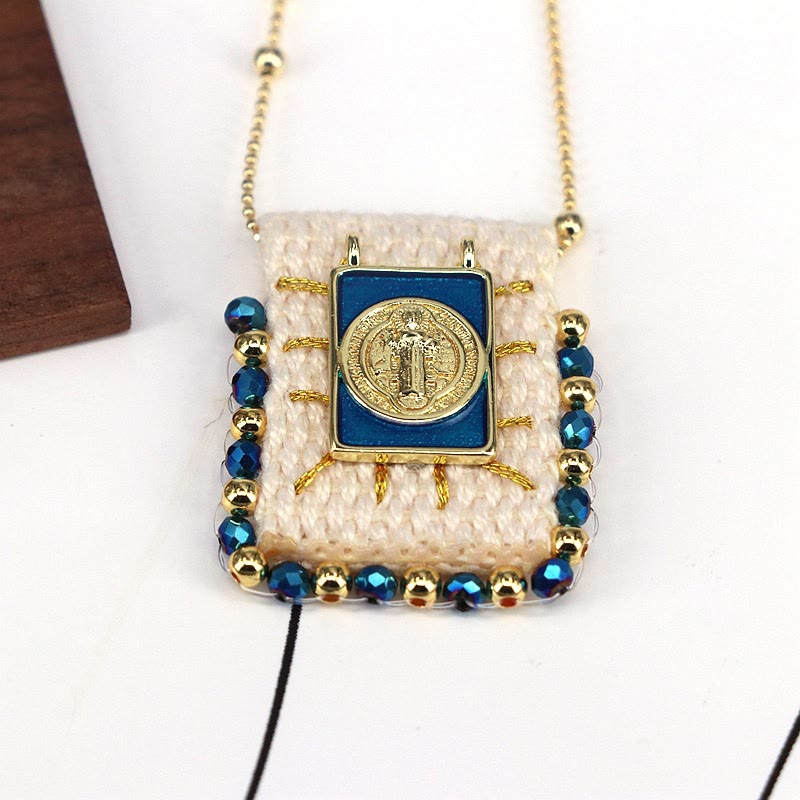 Christianartworkshop Hand - Stitched Linen & Copper Accent Religious Pendant Necklace - A - image 0