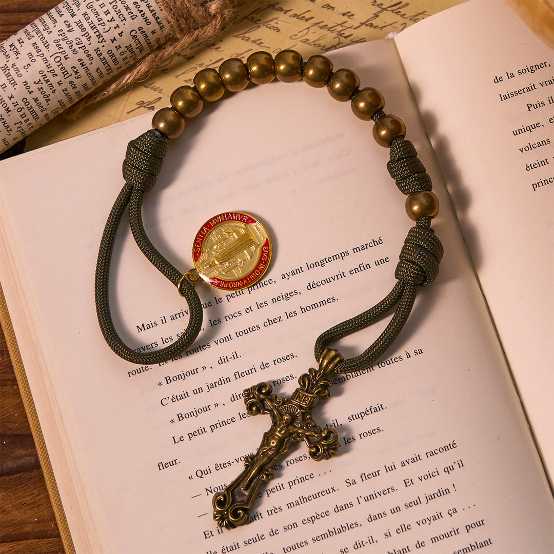 Christianartworkshop St. Benedict Protection All-Place Portable Bronze Beads Nylon Cord Pocket Rosary - image 2