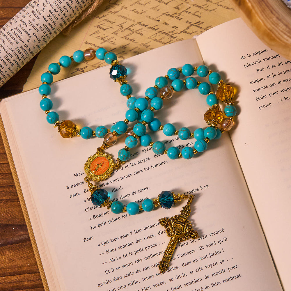 Christianartworkshop Classic Turquoise Bead & Golden Alloy Rosary with Crucifix & Miraculous Medal - image 1