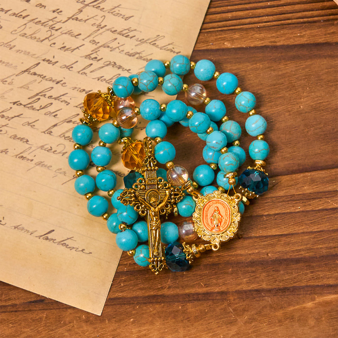 Christianartworkshop Classic Turquoise Bead & Golden Alloy Rosary with Crucifix & Miraculous Medal - Turquoise Rosary - image 0