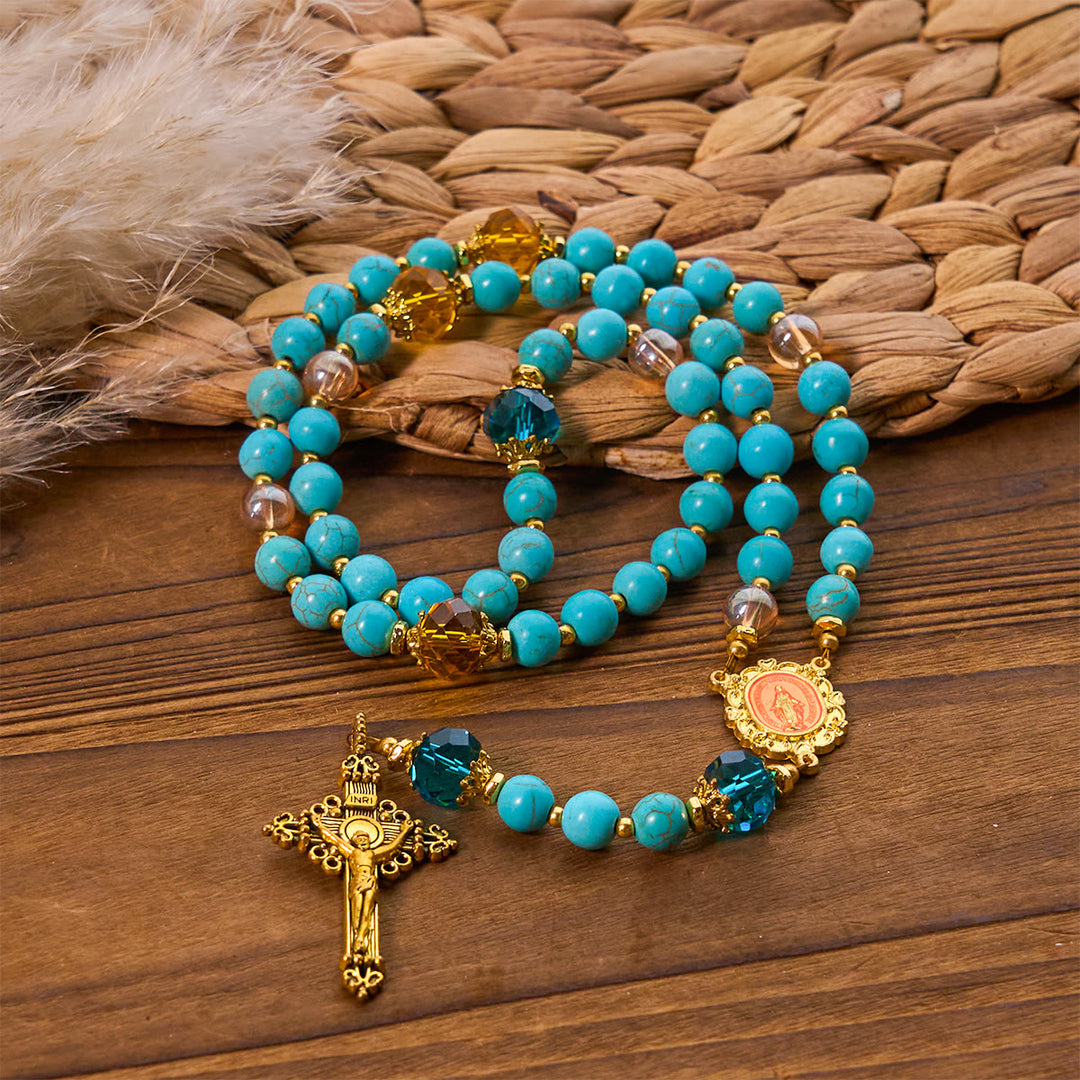 Christianartworkshop Classic Turquoise Bead & Golden Alloy Rosary with Crucifix & Miraculous Medal - image 3