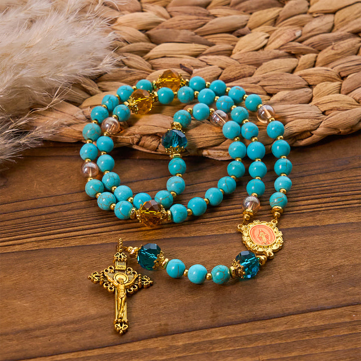 Christianartworkshop Classic Turquoise Bead & Golden Alloy Rosary with Crucifix & Miraculous Medal - image 3