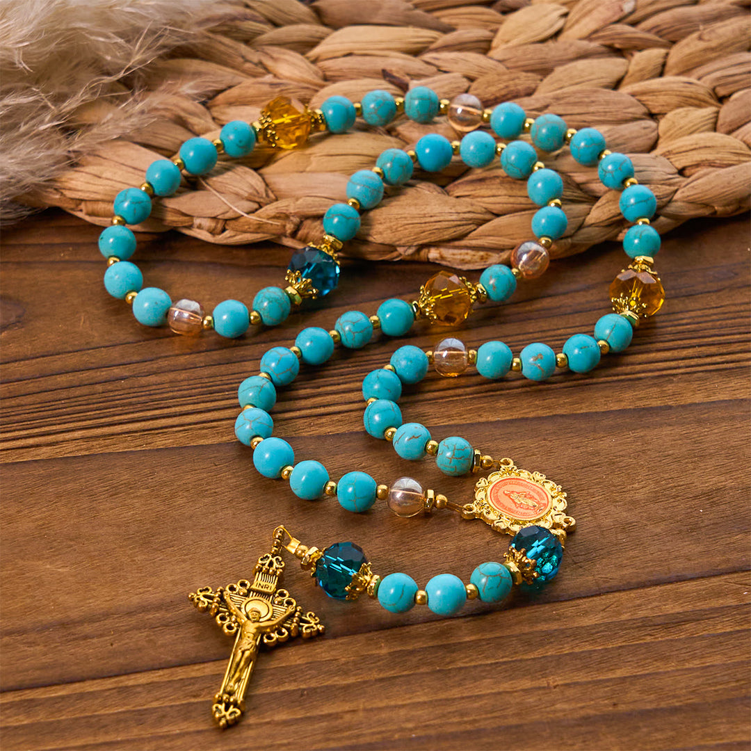 Christianartworkshop Classic Turquoise Bead & Golden Alloy Rosary with Crucifix & Miraculous Medal - image 2