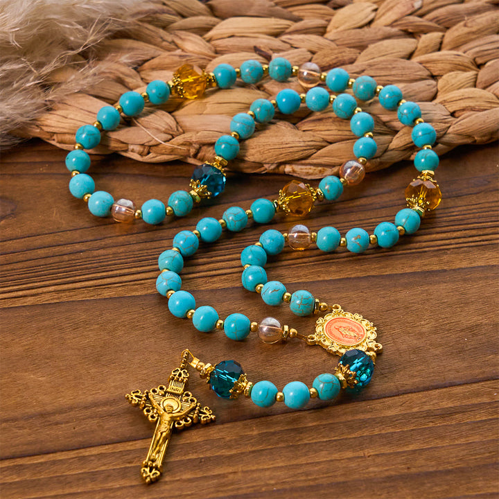 Christianartworkshop Classic Turquoise Bead & Golden Alloy Rosary with Crucifix & Miraculous Medal - image 2