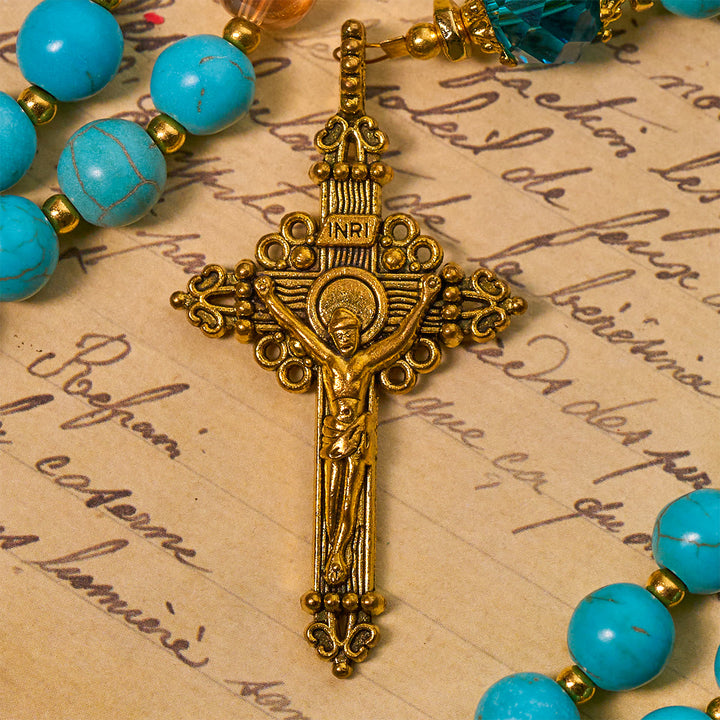 Christianartworkshop Classic Turquoise Bead & Golden Alloy Rosary with Crucifix & Miraculous Medal - image 6