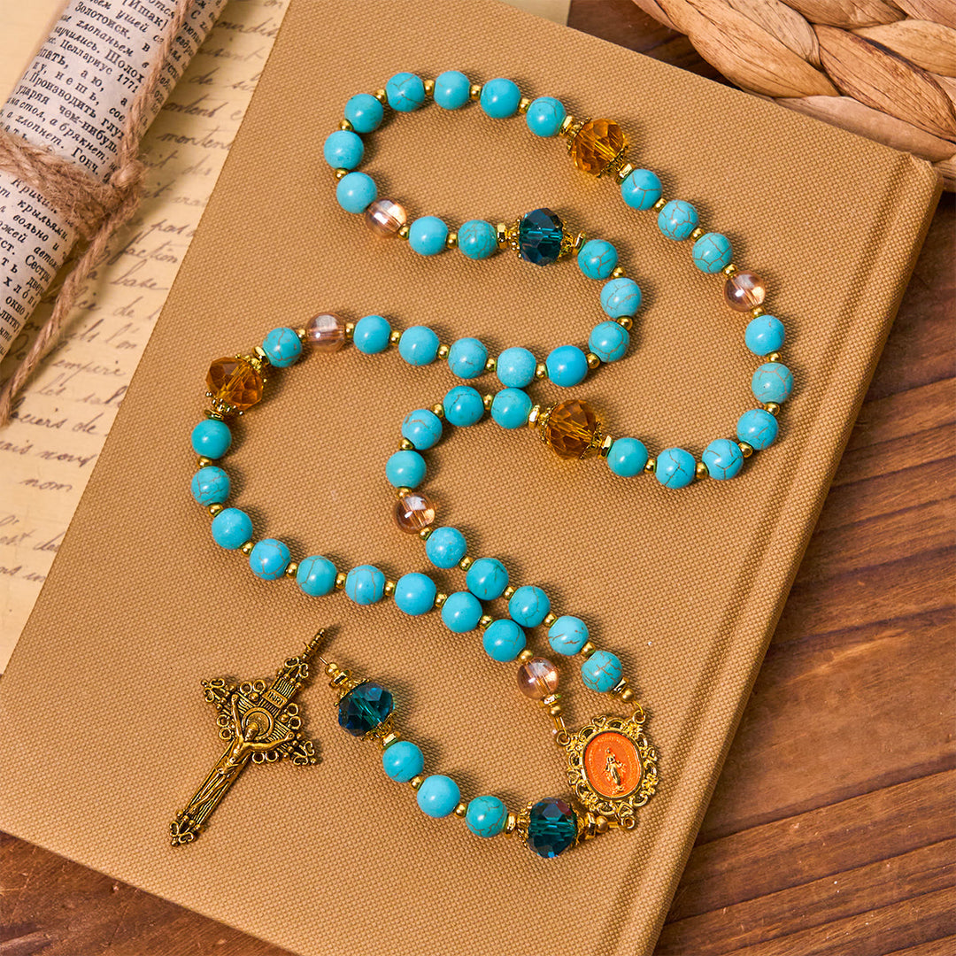 Christianartworkshop Classic Turquoise Bead & Golden Alloy Rosary with Crucifix & Miraculous Medal - image 4