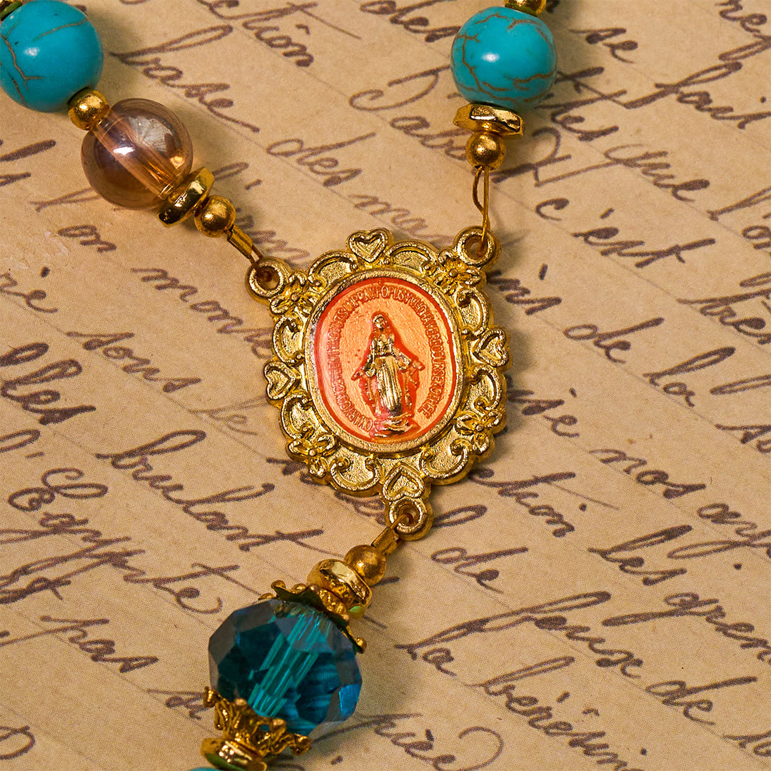 Christianartworkshop Classic Turquoise Bead & Golden Alloy Rosary with Crucifix & Miraculous Medal - image 7