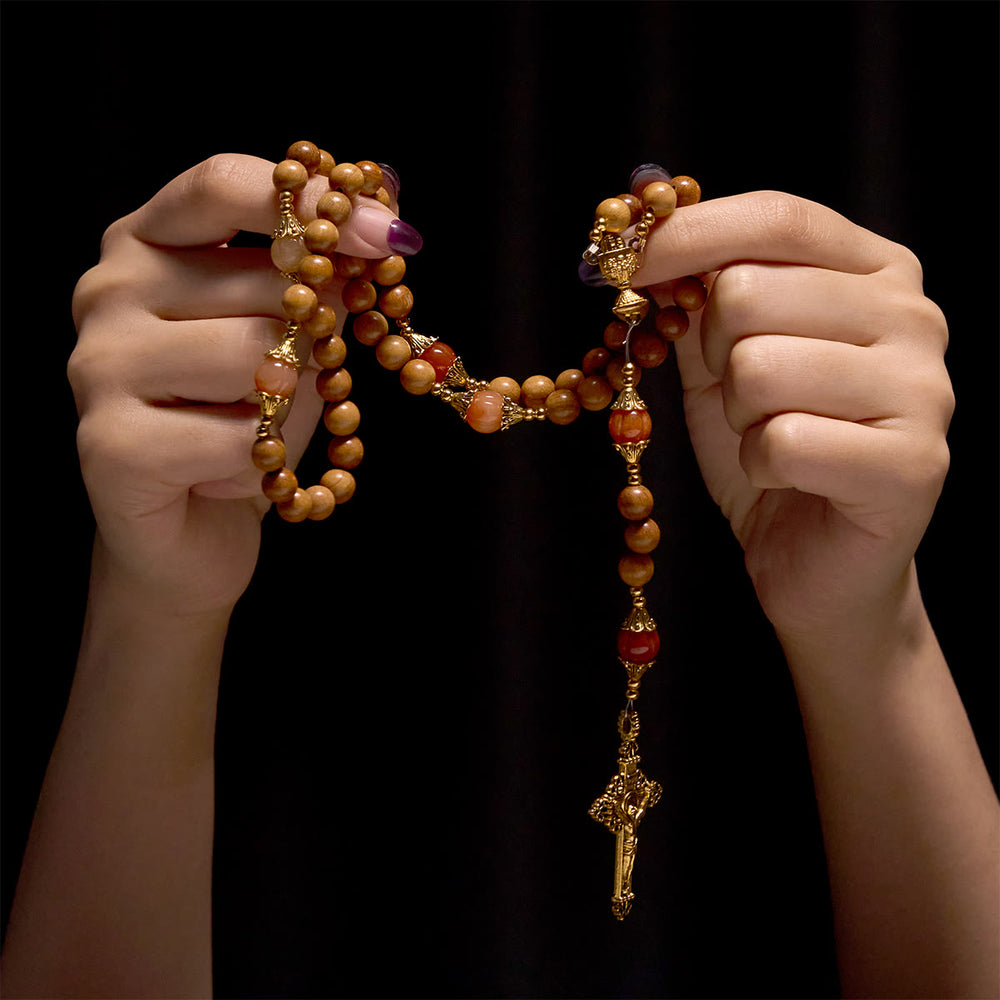 Thanksgiving Devotion Sandalwood Rosary with Golden Grace Pumpkin Gemstones & Holy Grail - image 1