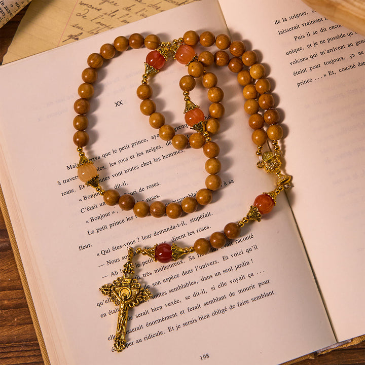 Thanksgiving Devotion Sandalwood Rosary with Golden Grace Pumpkin Gemstones & Holy Grail - image 3