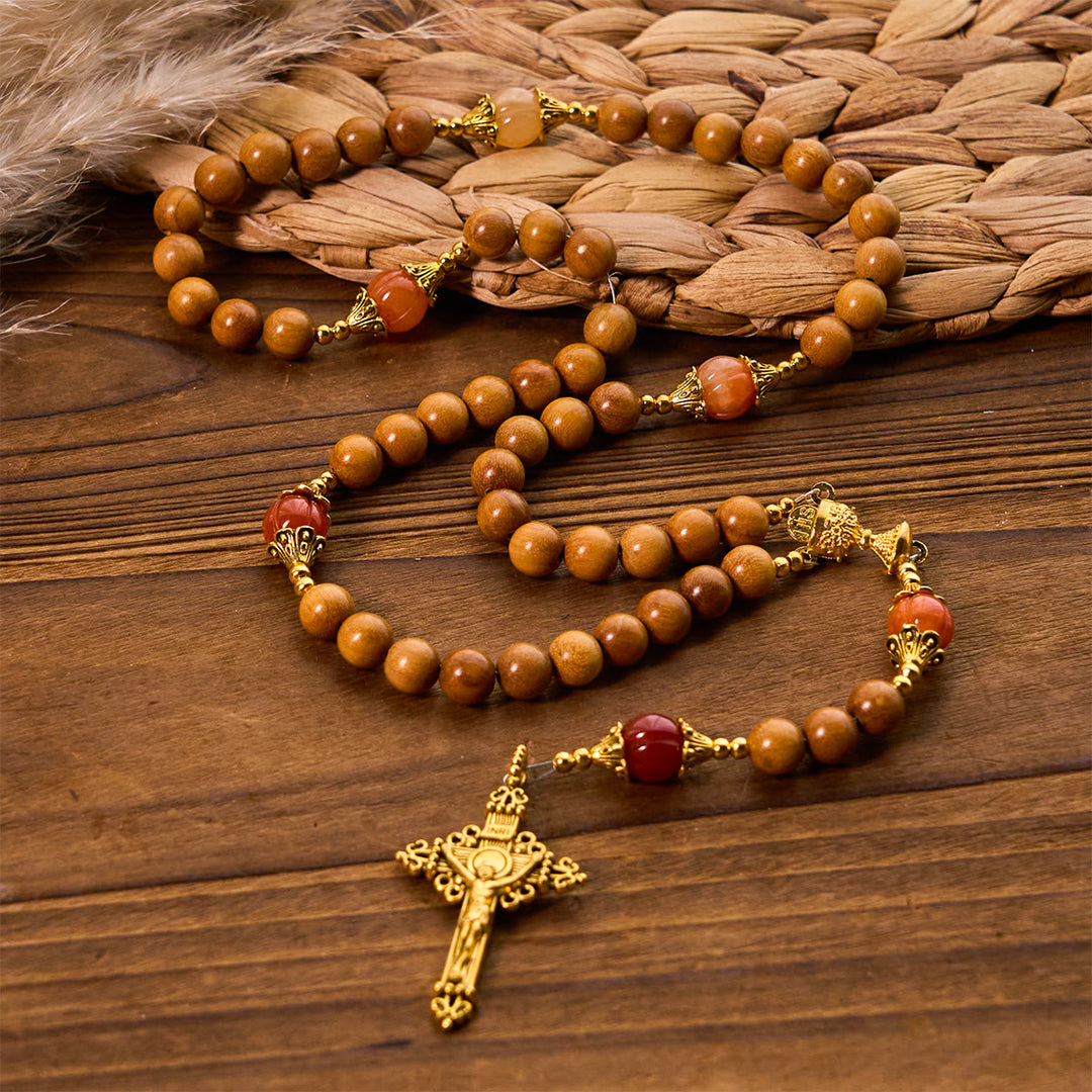 Thanksgiving Devotion Sandalwood Rosary with Golden Grace Pumpkin Gemstones & Holy Grail - Wood - image 0