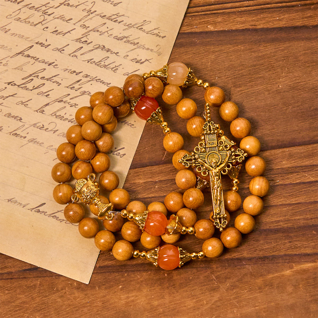 Thanksgiving Devotion Sandalwood Rosary with Golden Grace Pumpkin Gemstones & Holy Grail - image 4