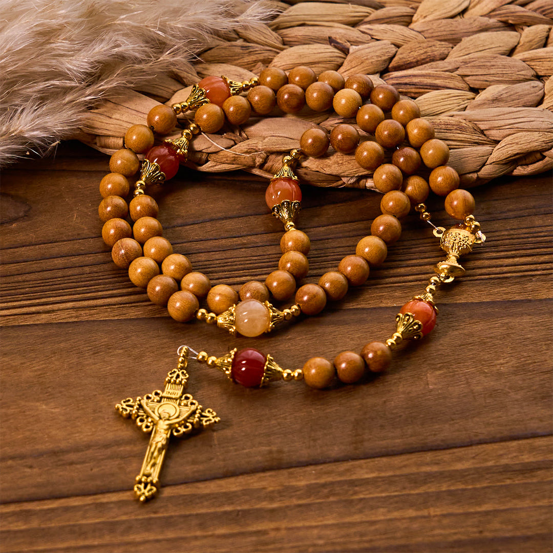 Thanksgiving Devotion Sandalwood Rosary with Golden Grace Pumpkin Gemstones & Holy Grail - image 2