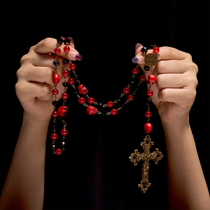 Christianartworkshop Gothic Elegance Halloween Rosary with Red Skull Accents & Ornate Floral Cross - image 1