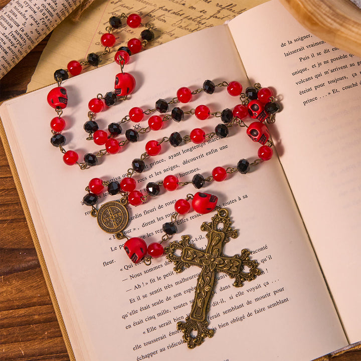 Christianartworkshop Gothic Elegance Halloween Rosary with Red Skull Accents & Ornate Floral Cross - Halloween Rosary - image 0