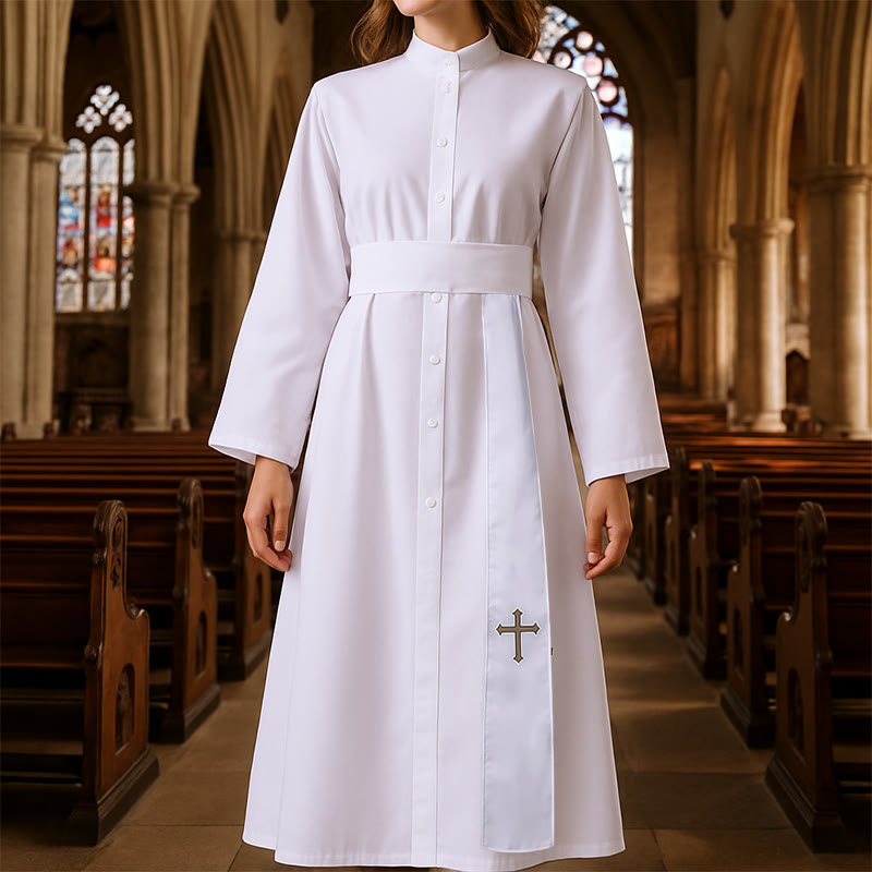 Christianartworkshop Elegant Tri-Color Liturgical Clergy Robes with Waistband & Cross - White - One Size Fits All (Length 130cm) - image 0