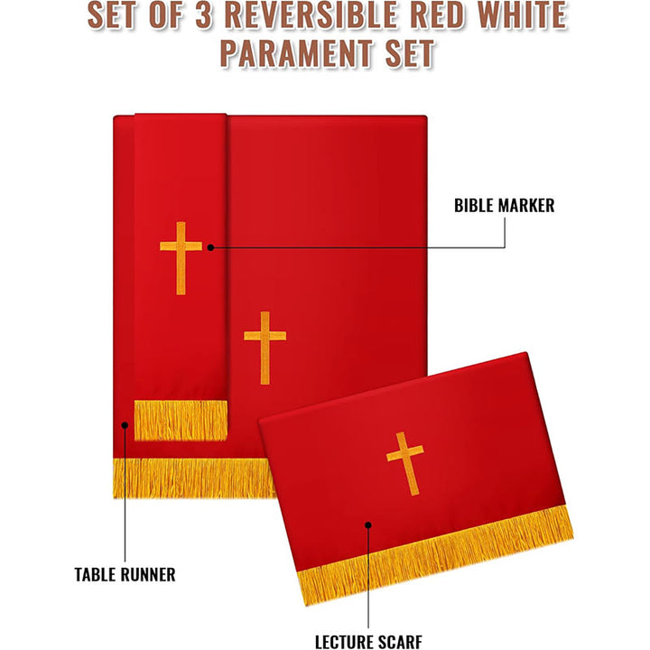 Complete Church Parament Set: Table Runner, Lectern Scarf & Bible Marker in Red and White - image 1