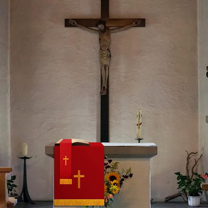 Complete Church Parament Set: Table Runner, Lectern Scarf & Bible Marker in Red and White - image 9