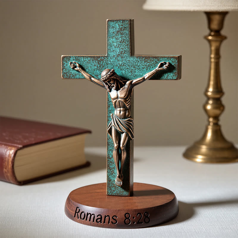 Christianartworkshop Resin Verdigris Jesus Crucifix on Wooden Base: Romans 8:28 - Crucifix - image 0