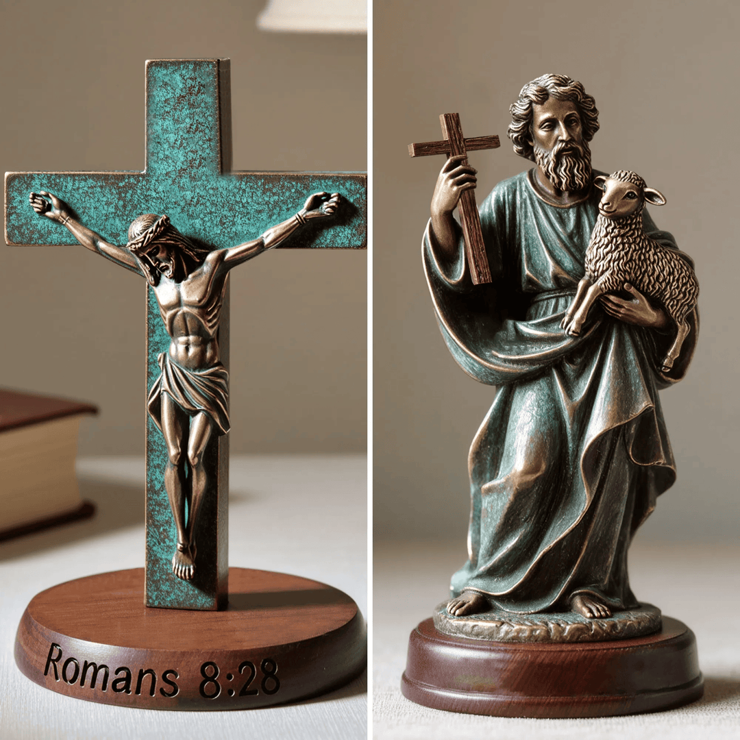 Christianartworkshop Resin Verdigris Jesus Crucifix on Wooden Base: Romans 8:28 - image 2