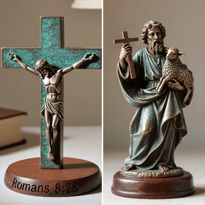 Christianartworkshop Resin Verdigris Jesus Crucifix on Wooden Base: Romans 8:28 - image 2