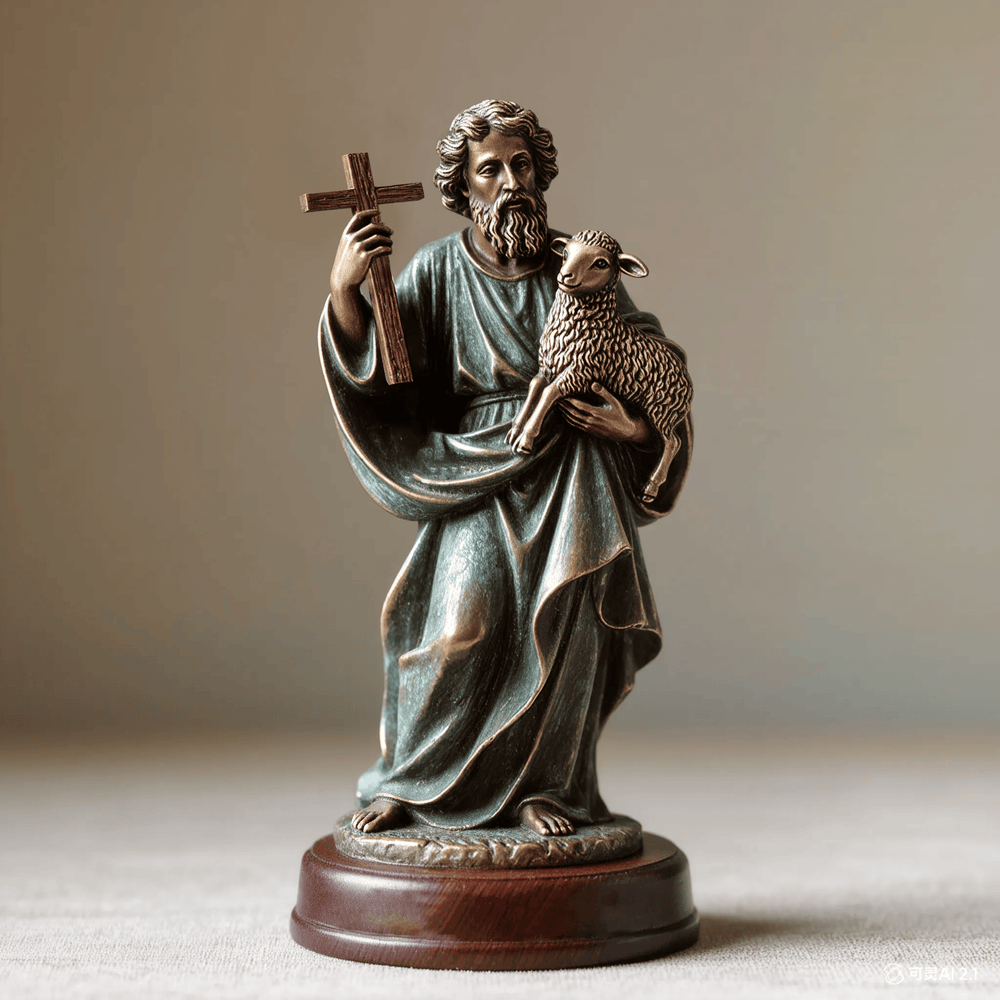 Christianartworkshop Resin Verdigris Jesus Crucifix on Wooden Base: Romans 8:28 - Jesus with Sheep - image 1
