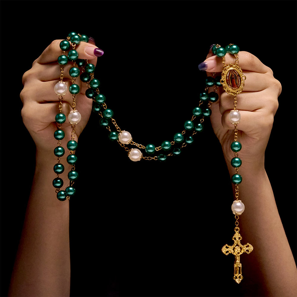 FREE Today: Teal Bead Rosary with Golden - Toned Crucifix & Miraculous Medal - image 1