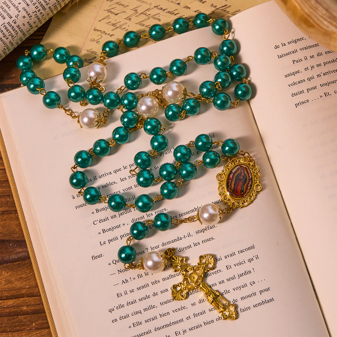 FREE Today: Teal Bead Rosary with Golden - Toned Crucifix & Miraculous Medal - image 2