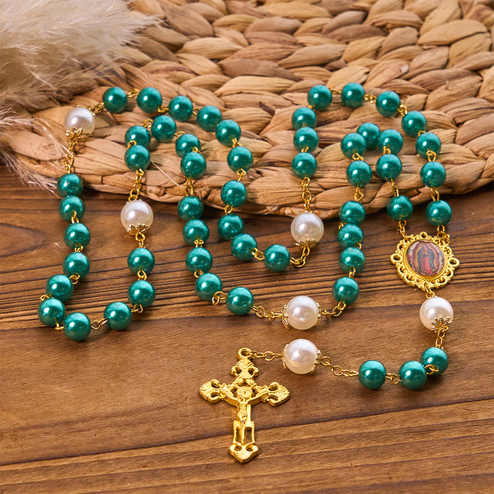Christianartworkshop Teal Bead Rosary with Golden - Toned Crucifix & Miraculous Medal - Crucifix & Miraculous Medal - image 0