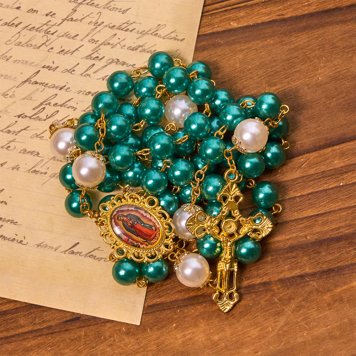 Christianartworkshop Teal Bead Rosary with Golden - Toned Crucifix & Miraculous Medal - image 5