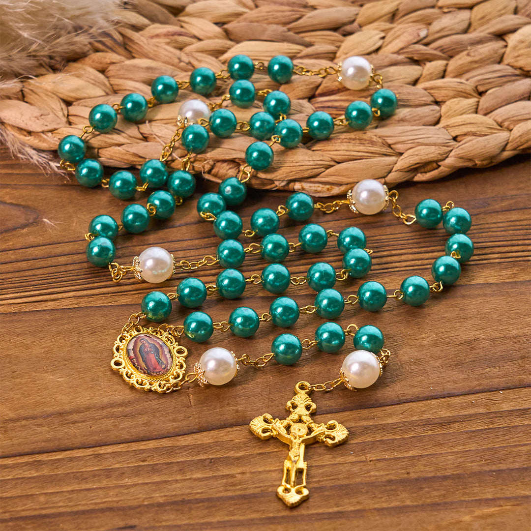 FREE Today: Teal Bead Rosary with Golden - Toned Crucifix & Miraculous Medal - image 3