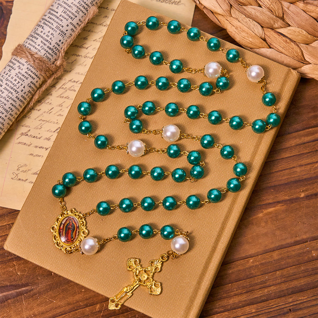 FREE Today: Teal Bead Rosary with Golden - Toned Crucifix & Miraculous Medal - image 4