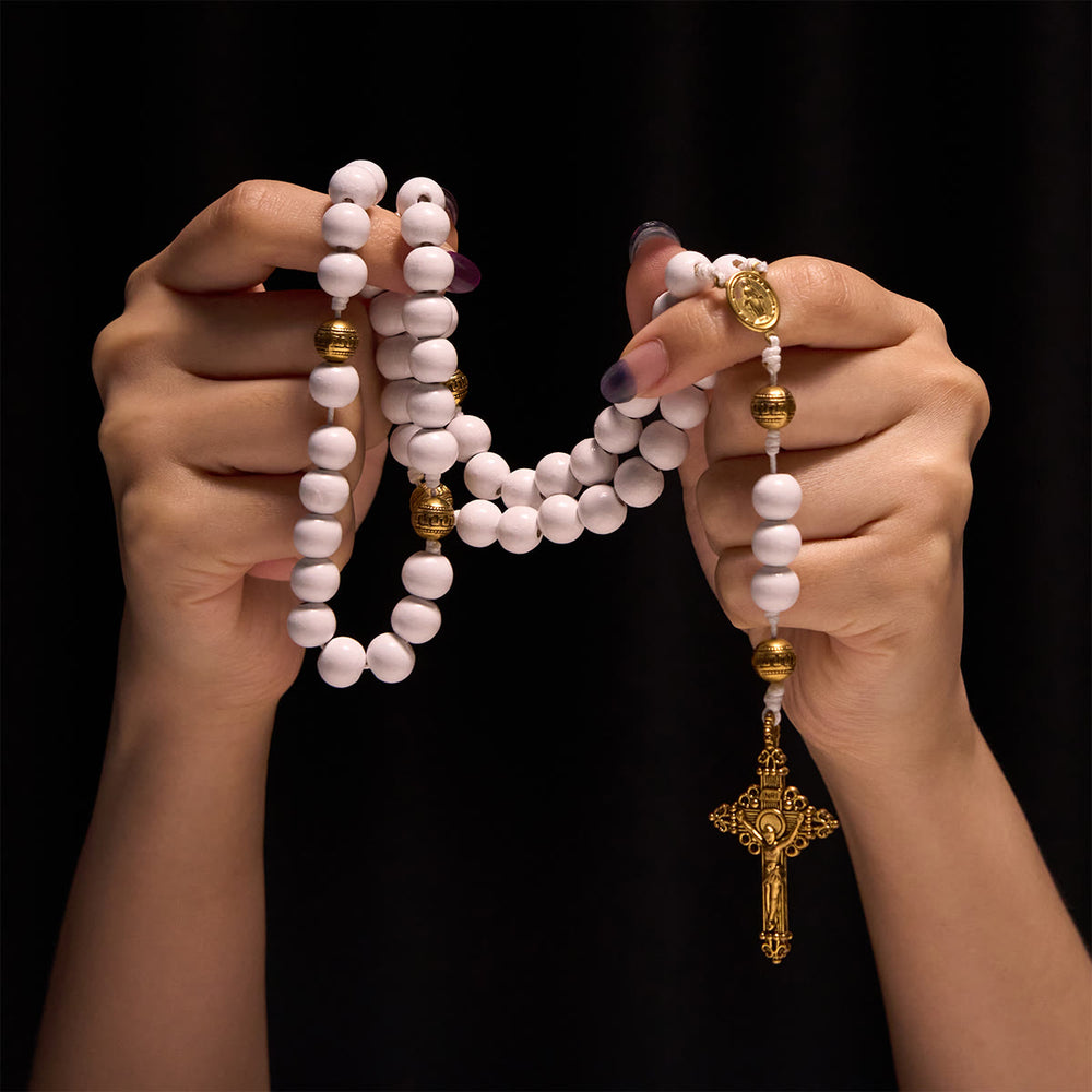 Christianartworkshop Elegant White Bead Rosary with Golden - Toned Crucifix and Our Lady Medal - image 1