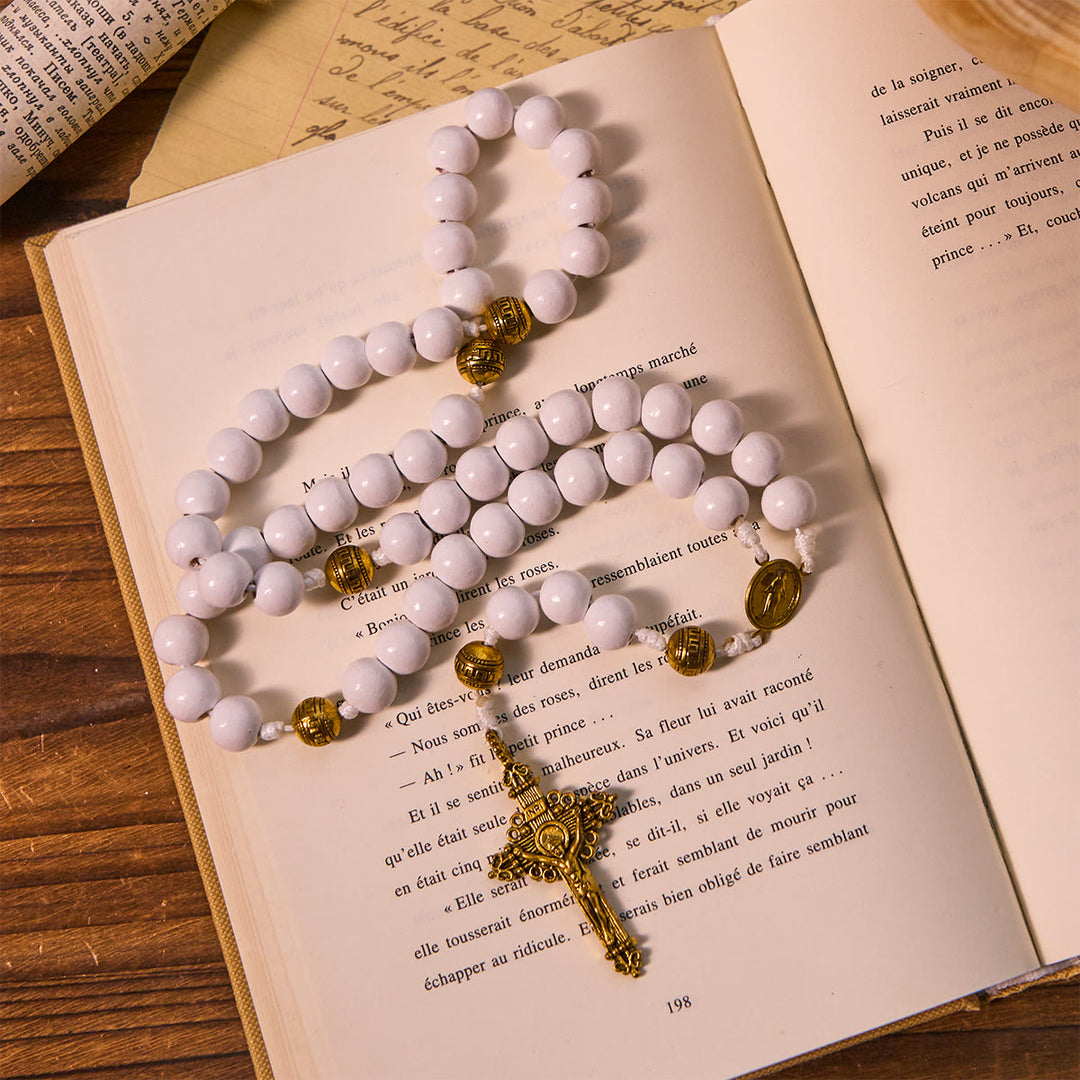 Christianartworkshop Elegant White Bead Rosary with Golden - Toned Crucifix and Our Lady Medal - image 2