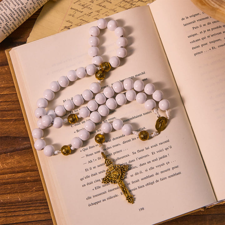Christianartworkshop Elegant White Bead Rosary with Golden - Toned Crucifix and Our Lady Medal - image 2
