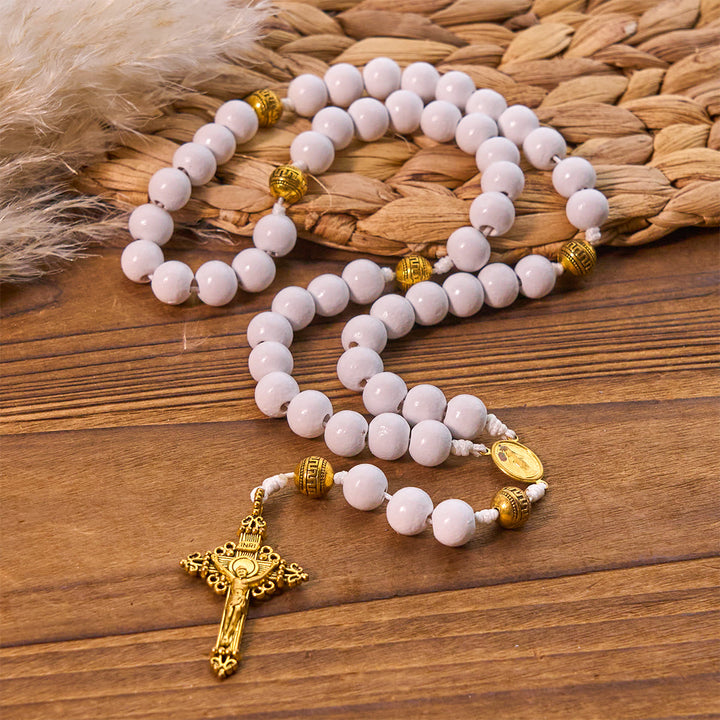 Christianartworkshop Elegant White Bead Rosary with Golden - Toned Crucifix and Our Lady Medal - Crucifix & Miraculous Medal - image 0