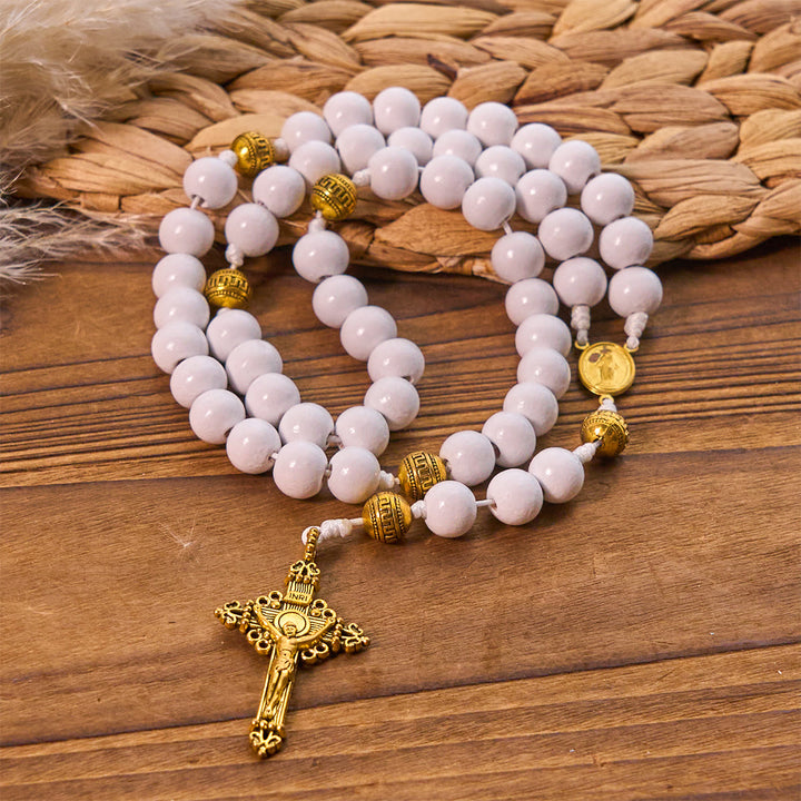 Christianartworkshop Elegant White Bead Rosary with Golden - Toned Crucifix and Our Lady Medal - image 3