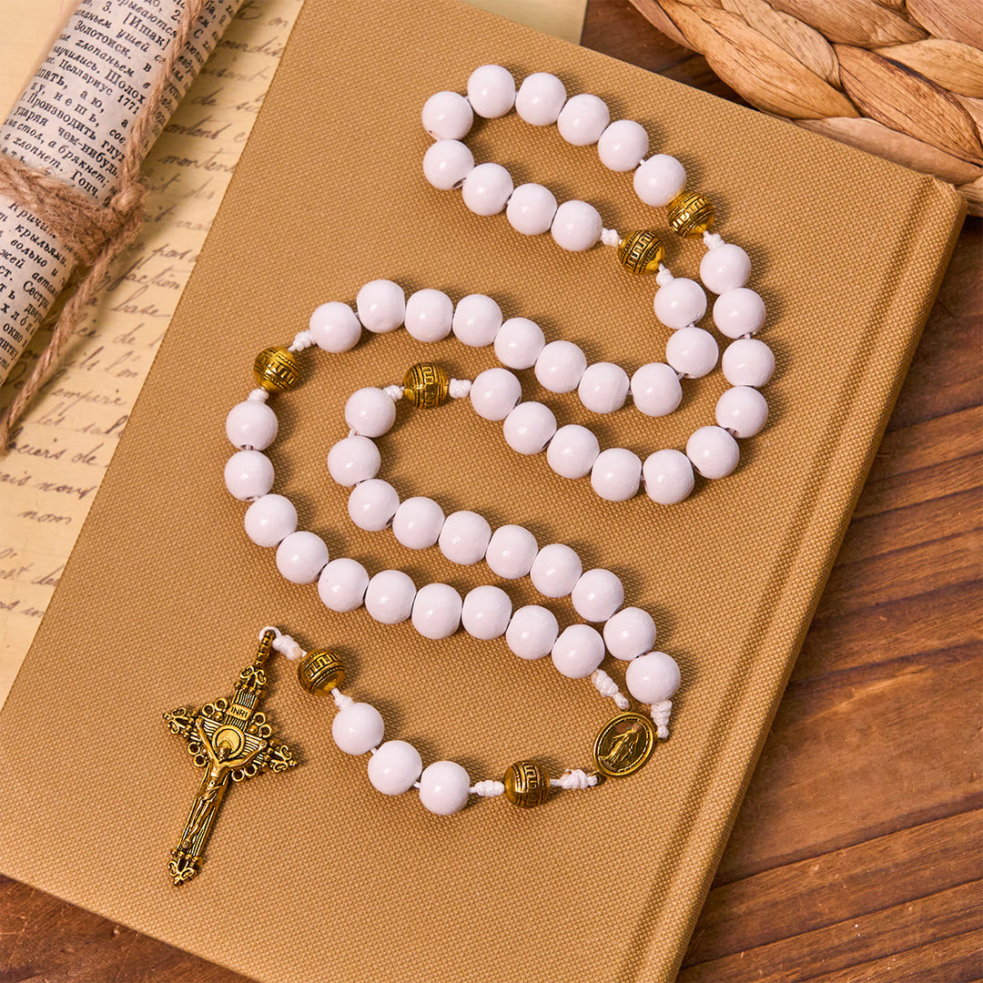 Christianartworkshop Elegant White Bead Rosary with Golden - Toned Crucifix and Our Lady Medal - image 4