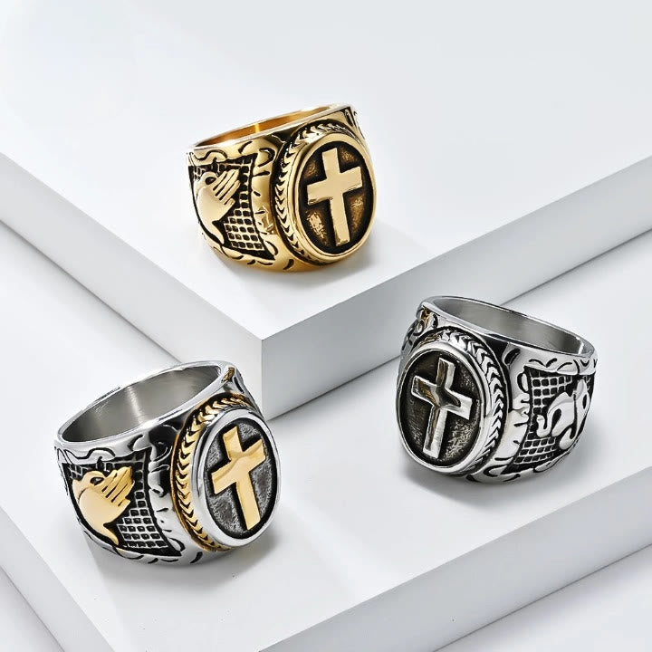 Christianartworkshop Metallic Cross Ring with Praying Hands Detail: Spiritual Fashion Pick - Silver - US 7 - image 0