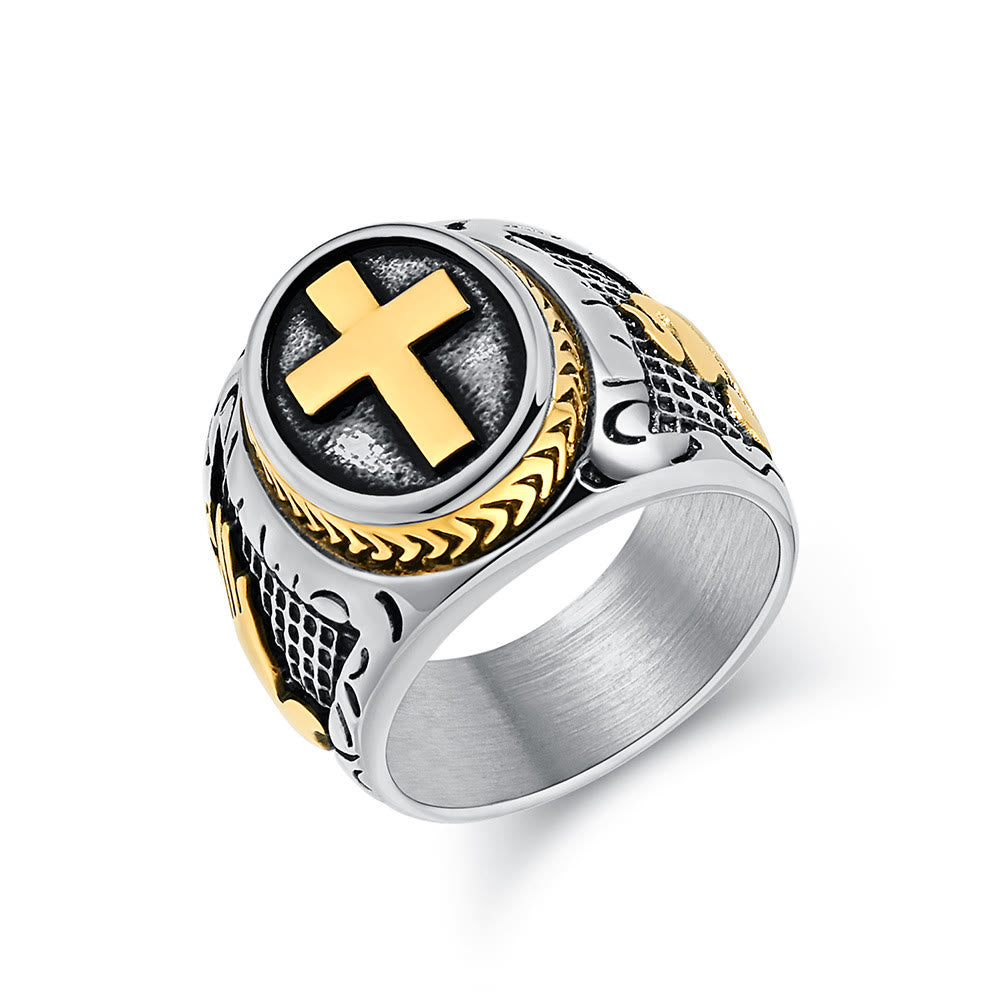 Christianartworkshop Metallic Cross Ring with Praying Hands Detail: Spiritual Fashion Pick - Silver and Golden - US 13 - image 4