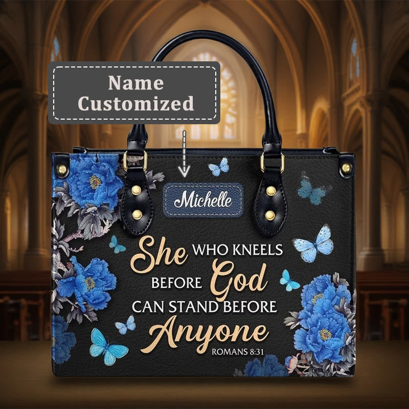 Christianartworkshop Elegant Floral Personalized Leather Handbag with Scripture Quote: God Is with Her - L - Name Customized - image 1