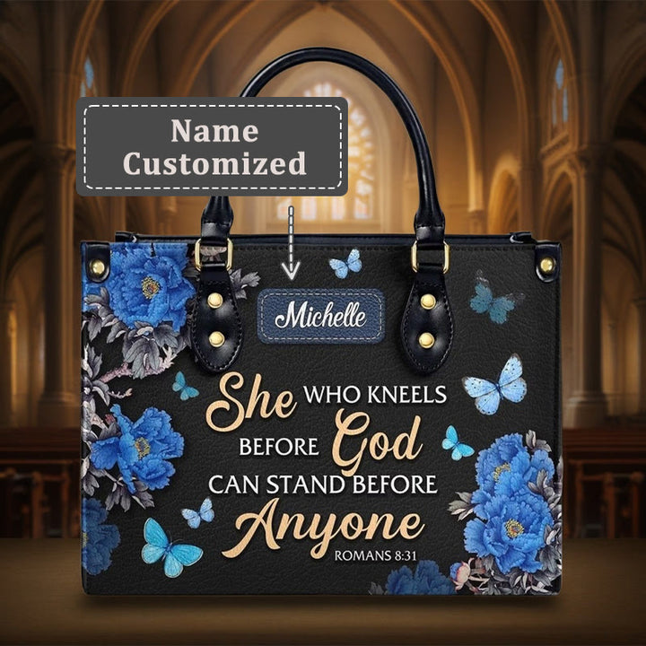 Christianartworkshop Elegant Floral Personalized Leather Handbag with Scripture Quote: God Is with Her - L - Name Customized - image 1
