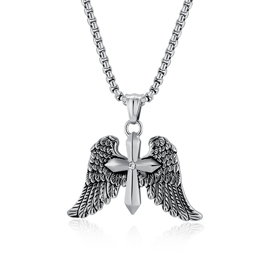FREE Today: Tri - Color Winged Cross Pendant Necklace: Fusion of Faith and Edgy Style - Silver - image 0
